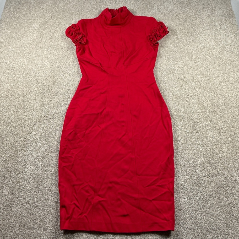 Cache Womens 4 Red Sheath Dress Adult Ruffle Sleeve Funnel Neck Cocktail Bodycon